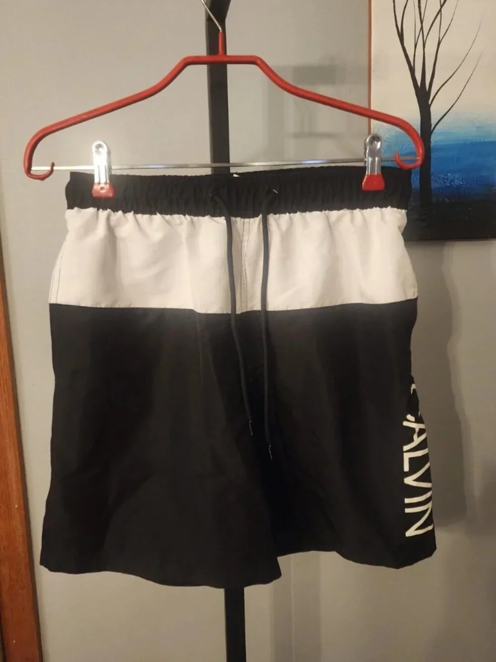 Calvin Klein Men's Small Swim Trunks Black White Colorblock Logo Board Shorts